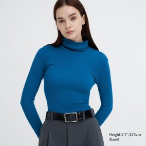 Uniqlo HEATTECH Extra Warm Seamless Gerippt Turtleneck Long-Sleeve T-Shirt Damen Blau | UNCL-38967