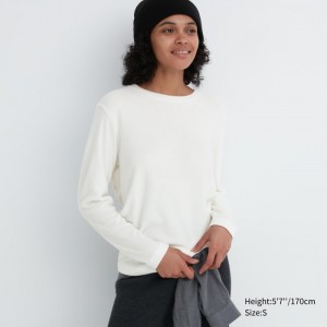 Uniqlo HEATTECH Fleece Crew Neck Long-Sleeve T-Shirt Damen Weiß | DGHU-57302