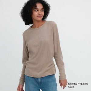 Uniqlo HEATTECH Fleece Crew Neck Long-Sleeve T-Shirt Damen Beige | XLSN-18204