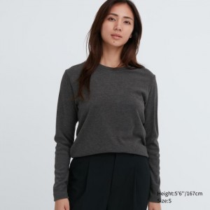 Uniqlo HEATTECH Fleece Crew Neck Long-Sleeve T-Shirt Damen Grau | FTXI-42530