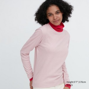 Uniqlo HEATTECH Fleece Crew Neck Long-Sleeve T-Shirt Damen Rosa | ZPWS-86530