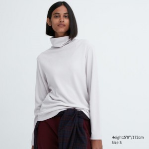 Uniqlo HEATTECH Fleece Turtleneck Long-Sleeve (2022 Edition) T-Shirt Damen Hellgrau | XNHB-38092