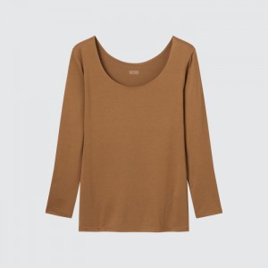 Uniqlo HEATTECH Scoop Neck Long-Sleeve T-Shirt (2022 Edition) Undershirts Damen Braun | GNMR-63927