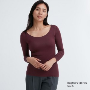 Uniqlo HEATTECH Scoop Neck Long-Sleeve T-Shirt Damen Wine | XBJD-60518