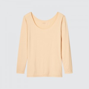 Uniqlo HEATTECH Scoop Neck Long-Sleeve T-Shirt (2022 Edition) Undershirts Damen Beige | HWTI-73640