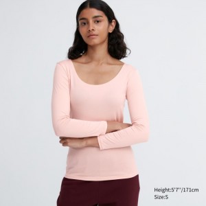 Uniqlo HEATTECH Scoop Neck Long-Sleeve T-Shirt Damen Rosa | FTLQ-62473