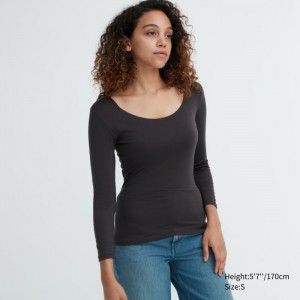 Uniqlo HEATTECH Scoop Neck Long-Sleeve T-Shirt Damen Dunkelgrau | XHRJ-39078