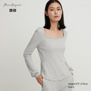 Uniqlo HEATTECH Waffle Square Neck Long-Sleeve (Wolle Blend) (Extra Warm) T-Shirt Damen Grau | EZMK-81074