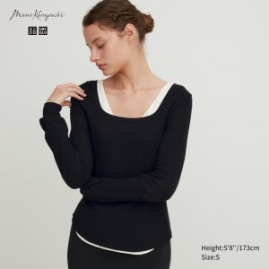 Uniqlo HEATTECH Waffle Square Neck Long-Sleeve (Wolle Blend) (Extra Warm) T-Shirt Damen Schwarz | XKEO-24971