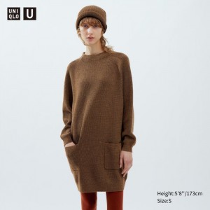 Uniqlo Mock Neck Long-Sleeve Kleid Damen Braun | DOTX-05274