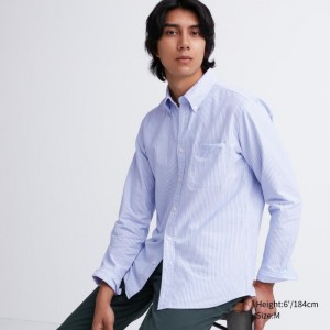 Uniqlo Oxford Gestreift Slim-Fit Long-Sleeve Casual Shirts Herren Blau | TJPU-80146