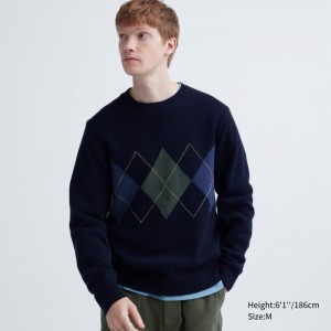 Uniqlo Premium Lambswool Crew Neck (Argyle) Pullover Herren Navy | OHLP-69035