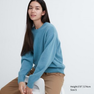 Uniqlo Premium Lambswool Crew Neck Long-Sleeve Pullover Damen Blau | SKDN-02596