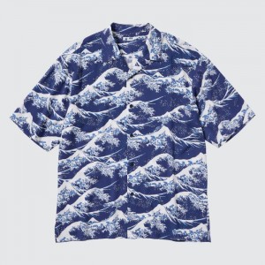 Uniqlo Printed Open Collar Kurzes-Sleeve (Hokusai) Casual Shirts Herren Blau | SYWR-04637