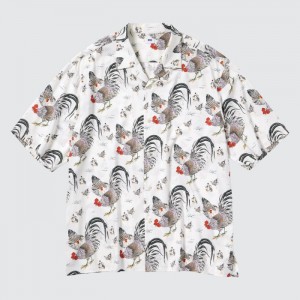 Uniqlo Printed Open Collar Kurzes-Sleeve (Ito-Jakuchu) Casual Shirts Herren Weiß | TMFP-06359