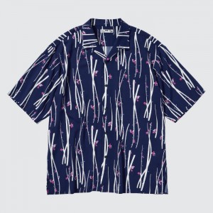 Uniqlo Printed Open Collar Kurzes-Sleeve (Japanese Auspicious Symbol) Casual Shirts Herren Navy | SCQH-23049