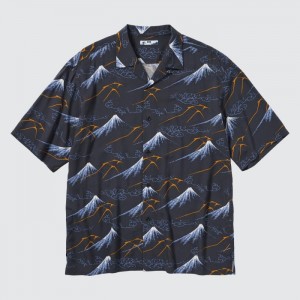 Uniqlo Printed Open Collar Kurzes-Sleeve (Hokusai) Casual Shirts Herren Navy | TNCX-13094