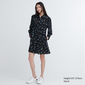 Uniqlo Printed V-Neck Long-Sleeve Mini Kleid Damen Schwarz | EMLG-61207