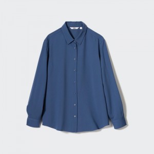 Uniqlo Rayon Long-Sleeve Bluse Damen Blau | RVGA-28649