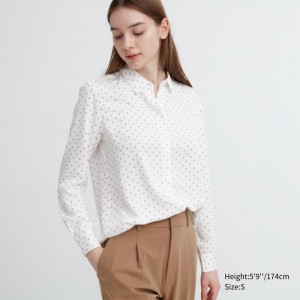 Uniqlo Rayon Printed Long-Sleeve Bluse Damen Weiß | FTJD-02358