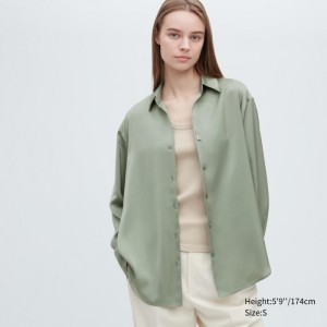 Uniqlo Satin Long-Sleeve Bluse Damen Grün | JXMN-31748