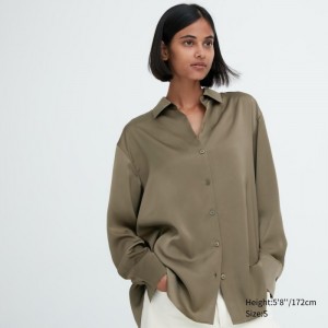 Uniqlo Satin Long-Sleeve Bluse Damen Olivgrün | EJRQ-91725