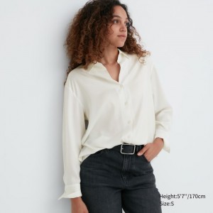 Uniqlo Satin Long-Sleeve Bluse Damen Weiß | PHFV-23015