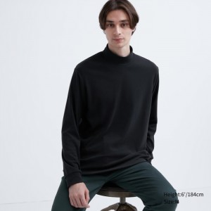 Uniqlo Smooth Fleece Mock Neck Long-Sleeve T-Shirt Damen Schwarz | DOJN-03759