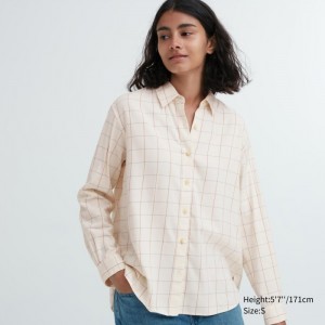 Uniqlo Soft Brushed Checked Long-Sleeve Hemd Damen Weiß | PRYL-74819