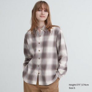 Uniqlo Soft Brushed Checked Long-Sleeve Hemd Damen Braun | JTHR-61283