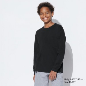 Uniqlo Soft Brushed Crew Neck Long-Sleeve T-Shirt Kinder Schwarz | ZFHR-84390