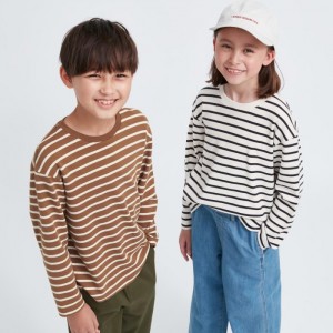 Uniqlo Soft Brushed Gestreift Crew Neck Long-Sleeve T-Shirt Kinder Braun | GLZP-87053