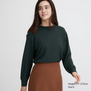 Uniqlo Soft Gestrickt Fleece Crew Neck Long-Sleeve T-Shirt Damen Dunkelgrün | YHUZ-89047