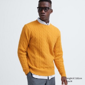 Uniqlo Souffle Yarn Cable Crew Neck Long-Sleeve Pullover Herren Gelb | DSLZ-42907