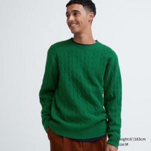 Uniqlo Souffle Yarn Cable Crew Neck Long-Sleeve Pullover Herren Grün | PFDI-97538