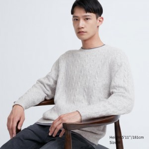 Uniqlo Souffle Yarn Cable Crew Neck Long-Sleeve Pullover Herren Hellgrau | NIWU-75423