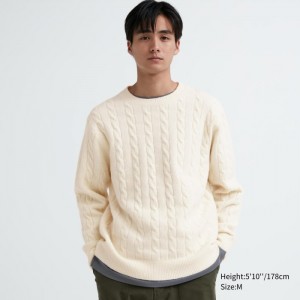 Uniqlo Souffle Yarn Cable Crew Neck Long-Sleeve Pullover Herren Weiß | AQWH-76854