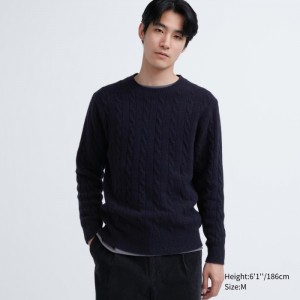 Uniqlo Souffle Yarn Cable Crew Neck Long-Sleeve Pullover Damen Navy | YZAQ-31784