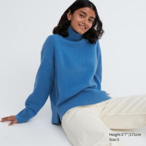 Uniqlo Souffle Yarn High Neck Long-Sleeve Pullover Damen Blau | ZQPR-91536