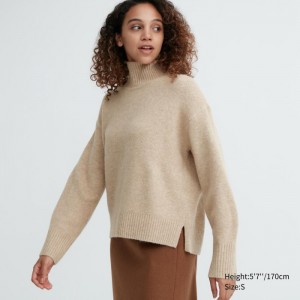 Uniqlo Souffle Yarn High Neck Long-Sleeve Pullover Damen Beige | MYSA-10534