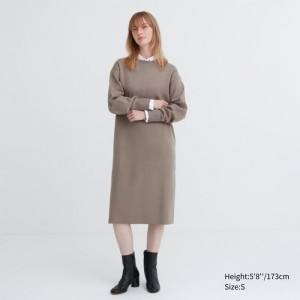 Uniqlo Souffle Yarn Long-Sleeve Kleid Damen Beige | YAUR-32056