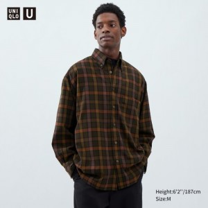 Uniqlo Twill Oversized Checked Long-Sleeve Casual Shirts Herren Dunkelbraun | WQYR-71293