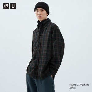 Uniqlo Twill Oversized Checked Long-Sleeve Casual Shirts Herren Grau | OHDN-54830