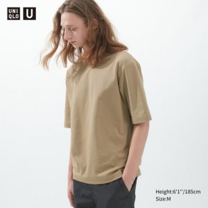 Uniqlo U AIRism Baumwoll Oversized Crew Neck Half-Sleeve T-Shirt Damen Beige | BTJW-54298