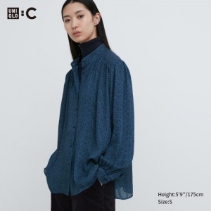 Uniqlo Volume Long-Sleeve Bluse Damen Blau | XLFI-54802