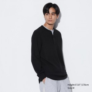 Uniqlo Waffle Henley Neck Long-Sleeve (2022 Edition) T-Shirt Herren Schwarz | KLDY-45701