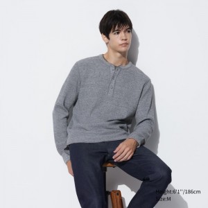 Uniqlo Waffle Henley Neck Long-Sleeve (2022 Edition) T-Shirt Herren Grau | KJPV-38147