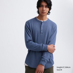 Uniqlo Waffle Henley Neck Long-Sleeve (2022 Edition) T-Shirt Herren Blau | AJVZ-39271