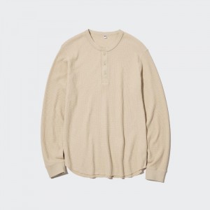 Uniqlo Waffle Henley Neck Long-Sleeve (2022 Edition) T-Shirt Herren Natural | FGIR-31678