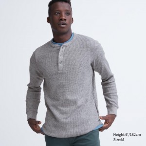 Uniqlo Waffle Henley Neck Long-Sleeve T-Shirt Herren Grau | YTKF-98536